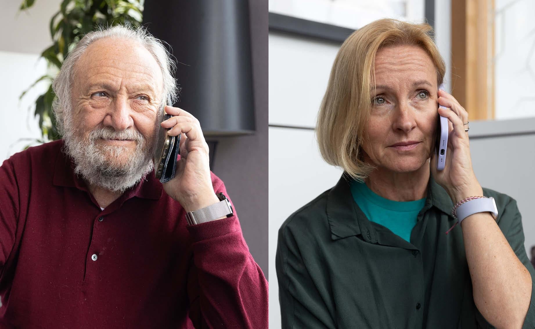 A man with white hair and a beard in a red top, and a woman with blond hair and grey top are both on their mobiles