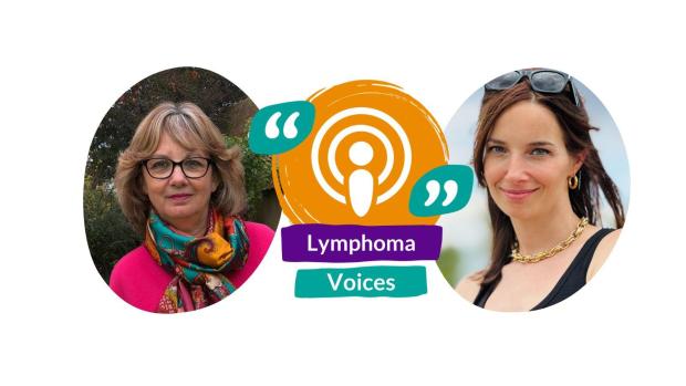 Two people head and shoulders with a podcast icons between them.