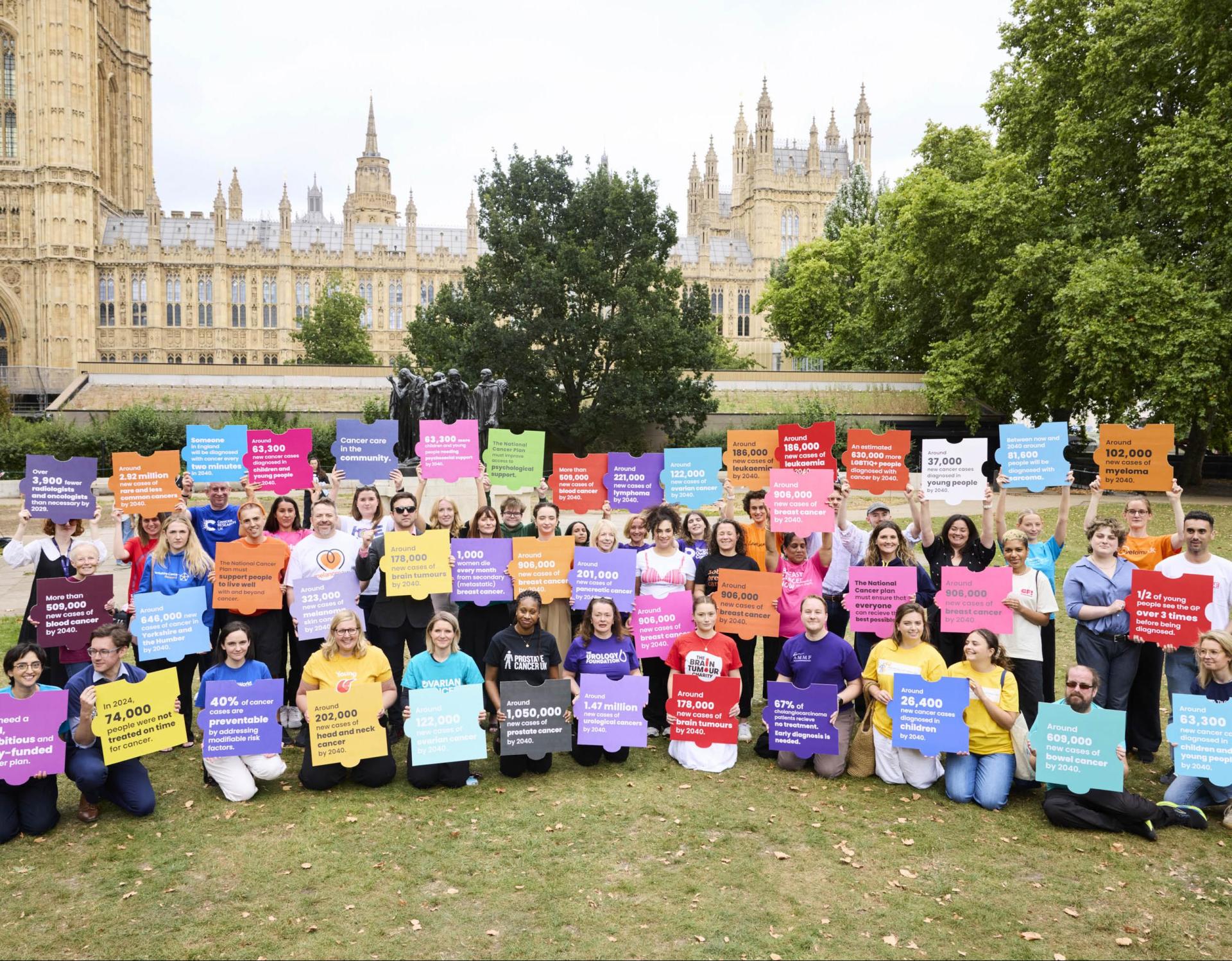 A large group of charity workers holding up jigsaw pieces with key cancer statistics printed on them