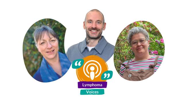 The faces of three people appear in oval shapes with a podcast icon in the middle