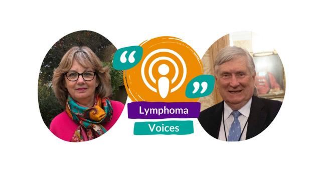 Two people appear either side of a podcast icon