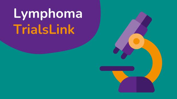 An icon of a microscopy on a coloured background with the words Lymphoma TrialsLink