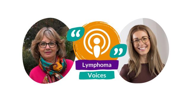 Two people are smiling at the camera. A podcast icon is between then.