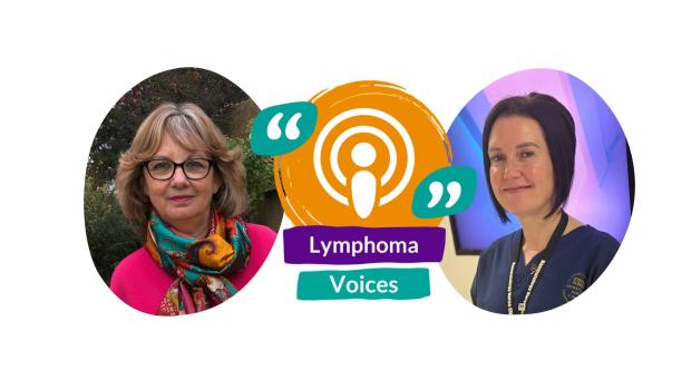 Two people are facing the forwards and smiling. A podcast icon sits between them.