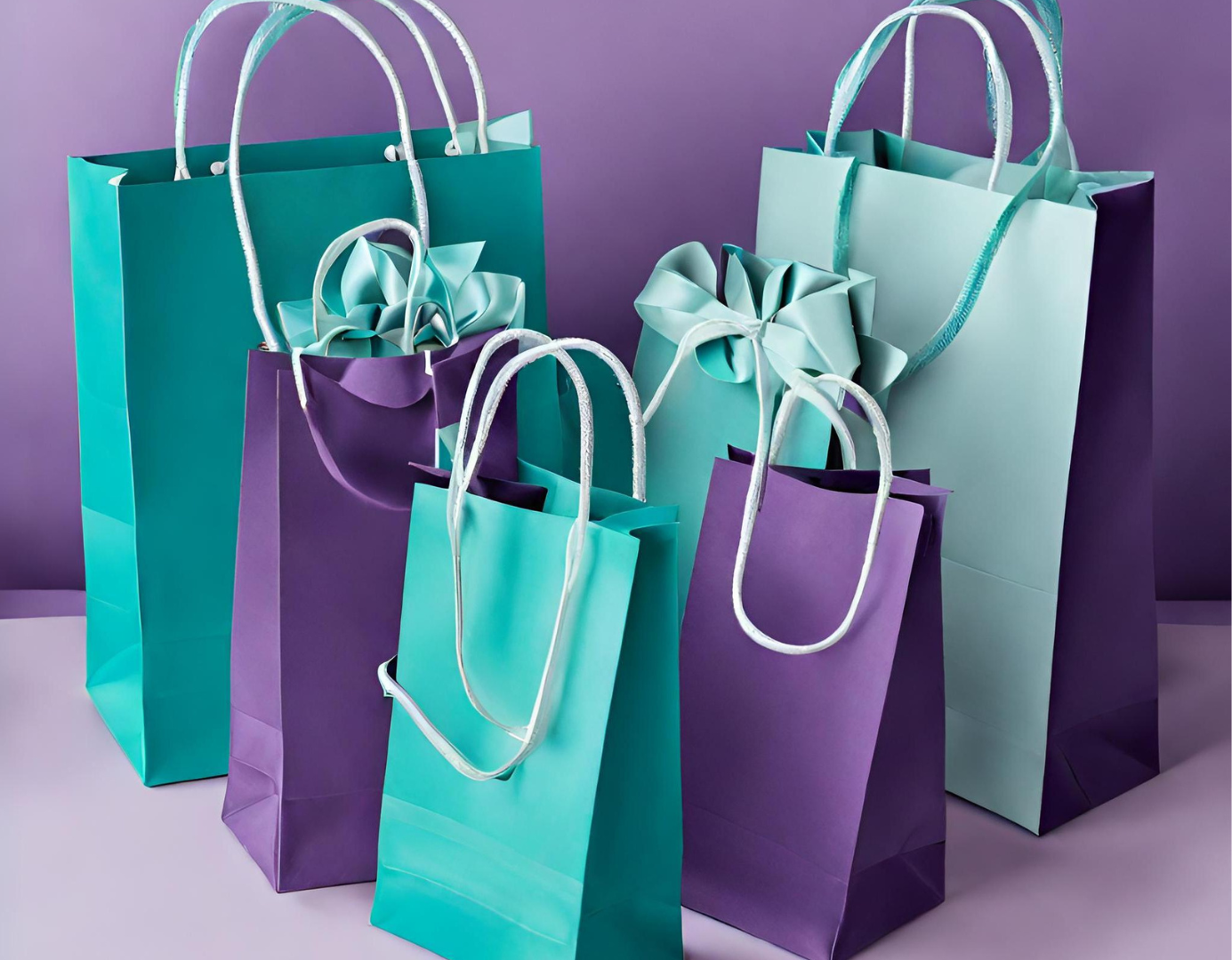 Six purple and teal shopping bags of various sizes