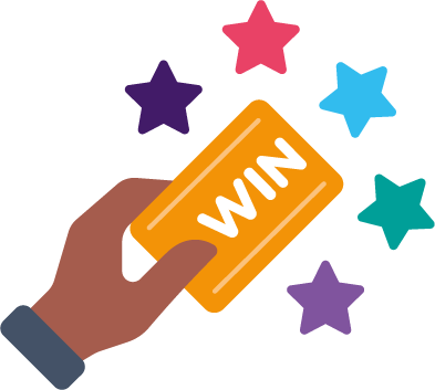 Graphic of hand holding ticket that says Win with stars around
