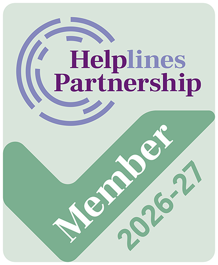 The Helplines Partnership logo with a large green tick that says member and the year 2026 to 27