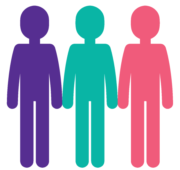 An illustration with three individuals, one in purple, one in teal, and one in pink, to highlight '1 in 3'
