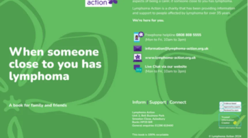Image of 'When someone close to you has lymphoma' book's front and back cover, green