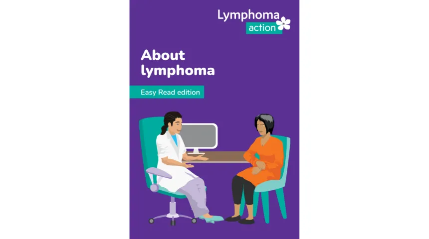 Image of About lymphoma easy read's cover which is a doctor talking to a patient