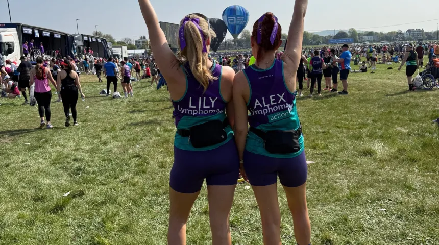 two female runners in Lymphoma action running vests