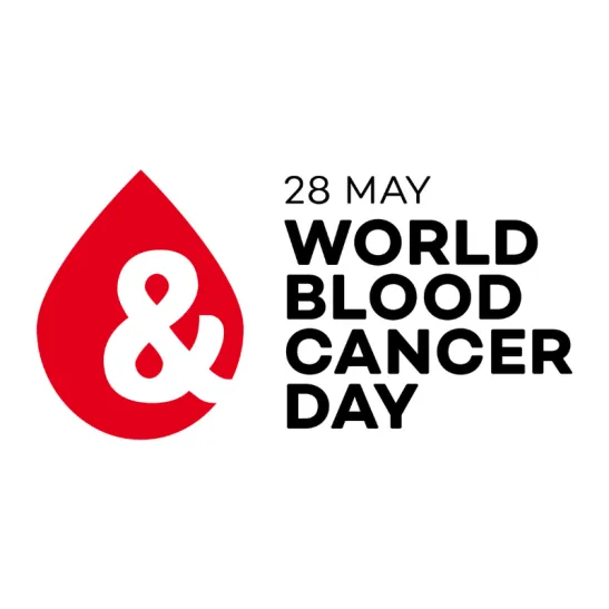 Logo of red drop with white & sign. Wording says 28 May World Blood Cancer Day