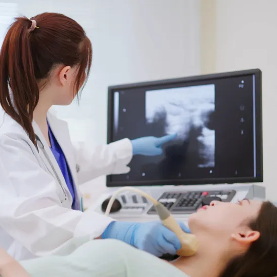 Clinician and patient looking at a scan