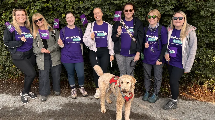 7 walkers in Lymphoma Action t-shirts with their dog ready to start walking