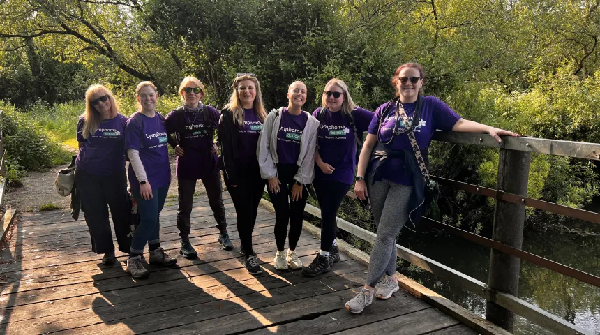 7 walkers stood on a bridge in lymphoma action purple tshirts 
