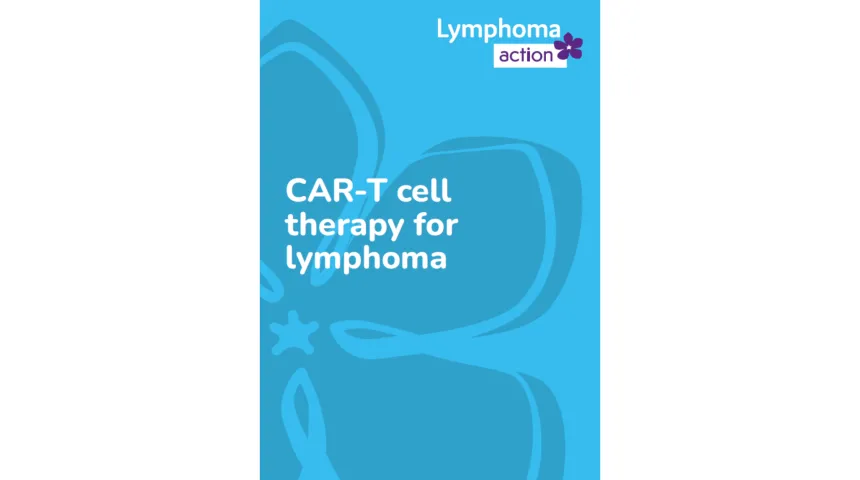 Image of cover of CAR-T cell therapy book, with a blue background and periwinkle behind the text