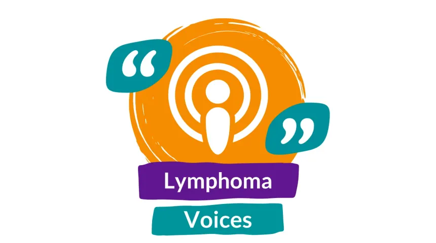 Lymphoma voices in purple and green boxes with a large orange circle above and speech marks either side