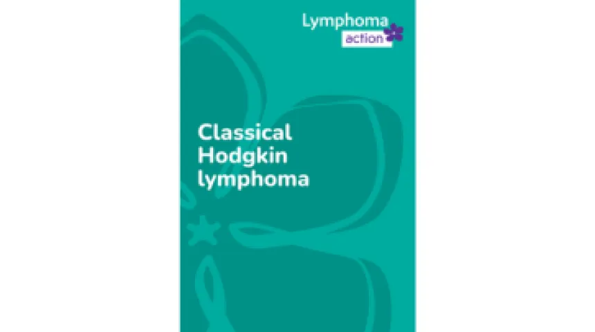 A blue cover of our Classical Hodgkin lymphoma book with the title written on it. It has blue periwinkles in the background
