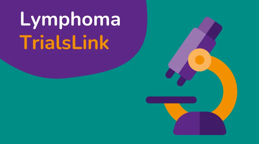 An icon of a microscopy on a coloured background with the words Lymphoma TrialsLink