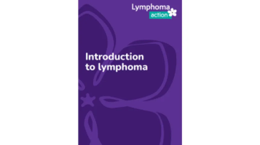 The cover of our introduction to lymphoma book which has a purple cover with a periwinkle on it