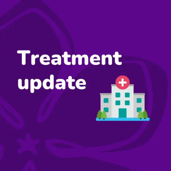 A purple background with white text which reads treatment update and a hospital animation below