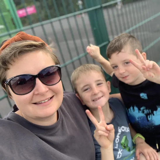 A selfie of Ruth and her two children