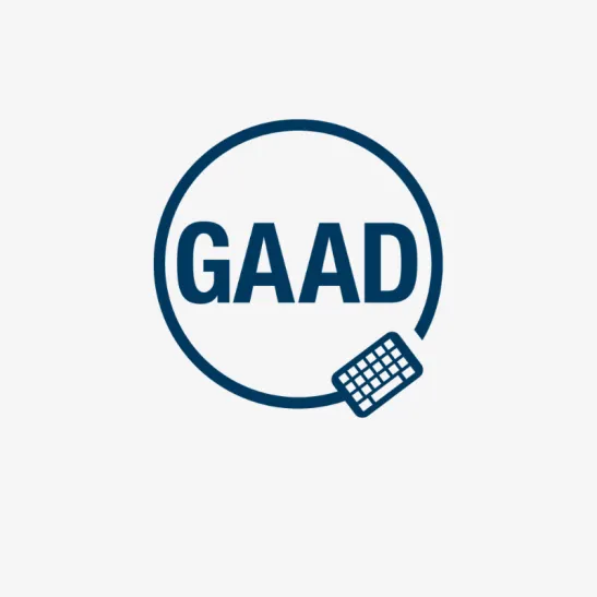 Letters GAAD sit inside a circle with a keyboard icon to bottom right