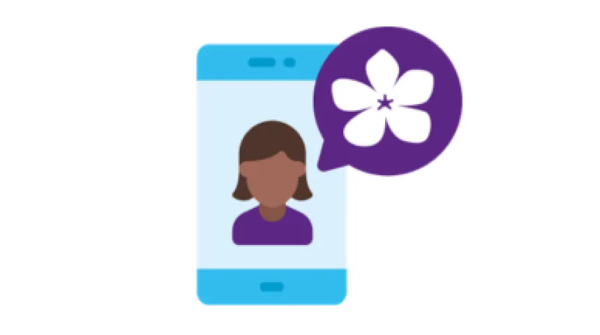 Icon of woman on phone with speech bubble. 