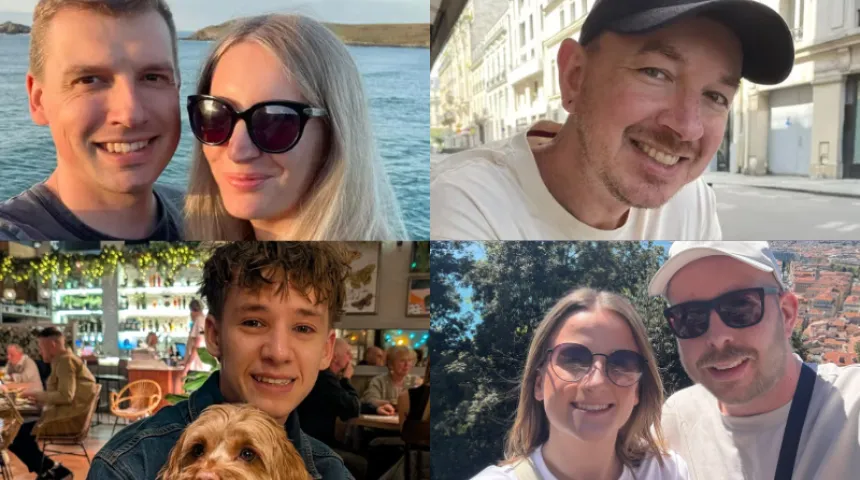 A photo montage with four individual shots of Craig and his partner, Ian smiling to camera, Matt seated at a restaurant and Bradley with his partner